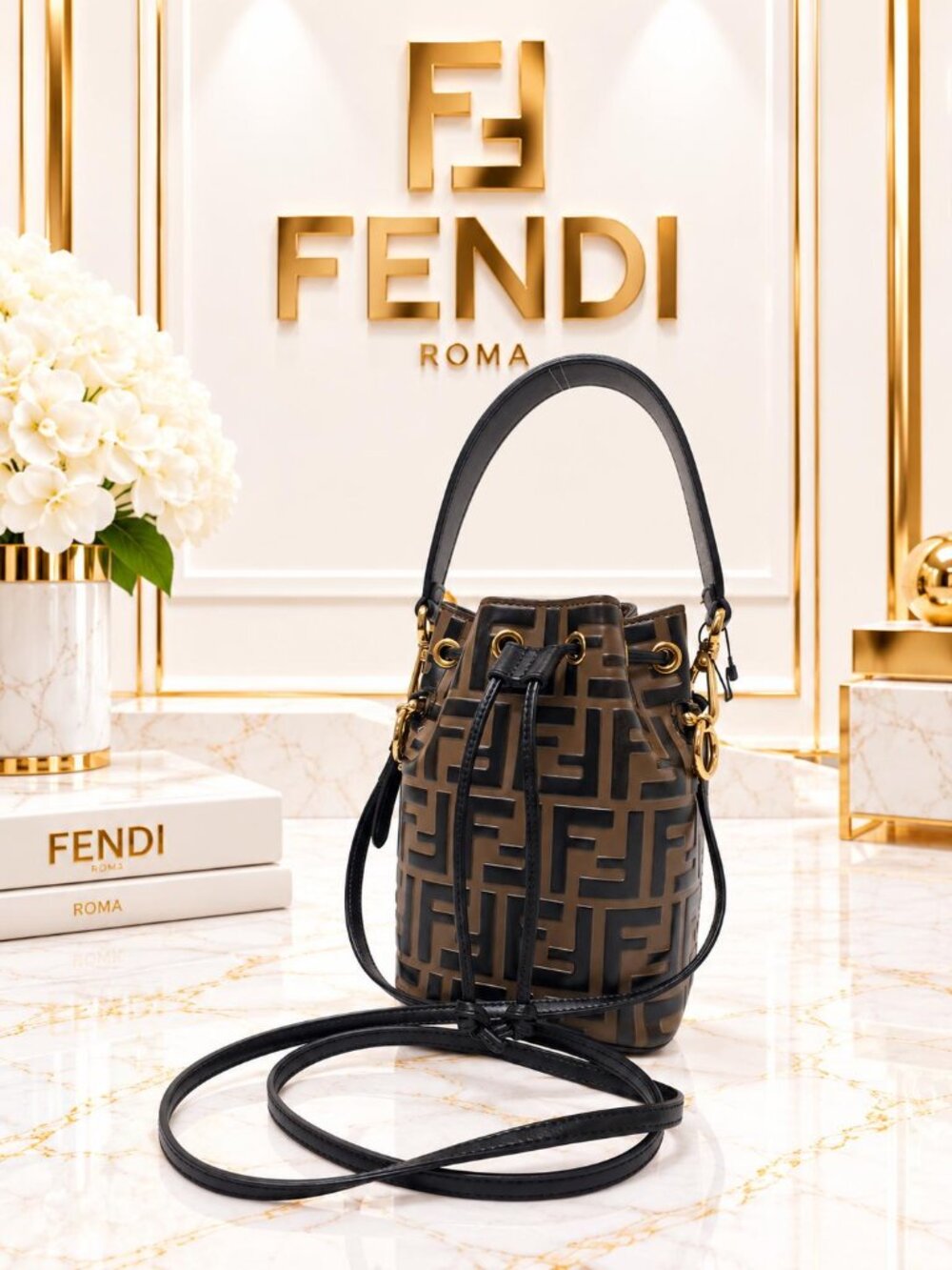Authentic Fendi Mon Tresor FF Logo Brown Black Leather Mini Bucket Crossbody Bag